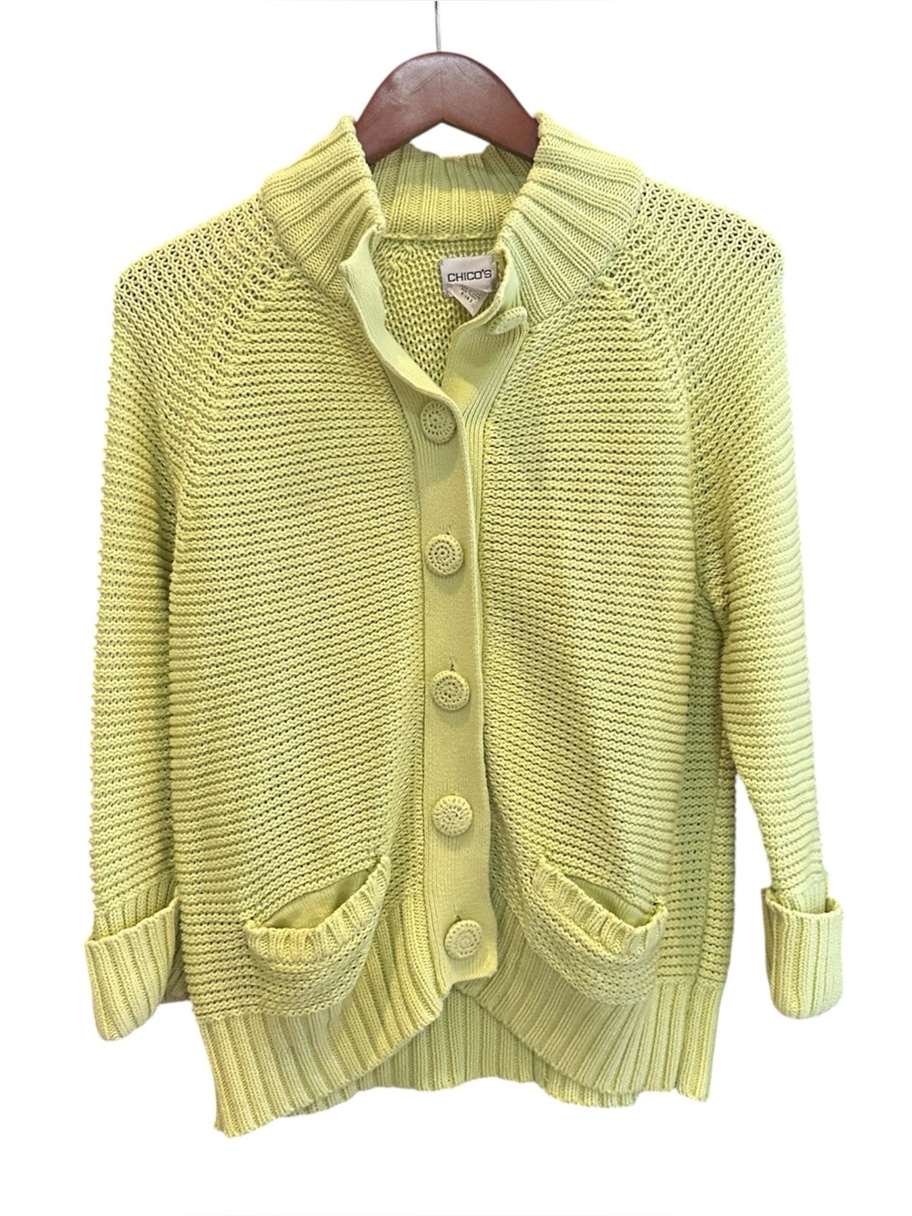 Chico’s 100% Cotton Textured Knit Cardigan Lime Green Size 2 or XL